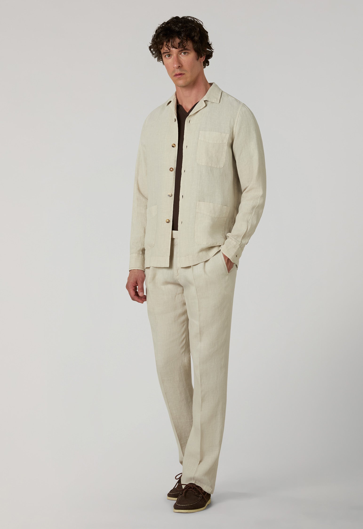 Beiges stückgefärbtes Painter-Overshirt aus Leinen