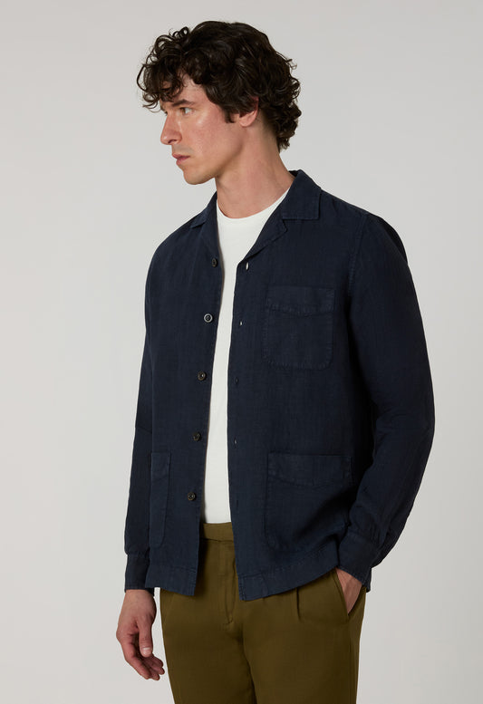 Blue Garment Dyed Linen Painter Overshirt