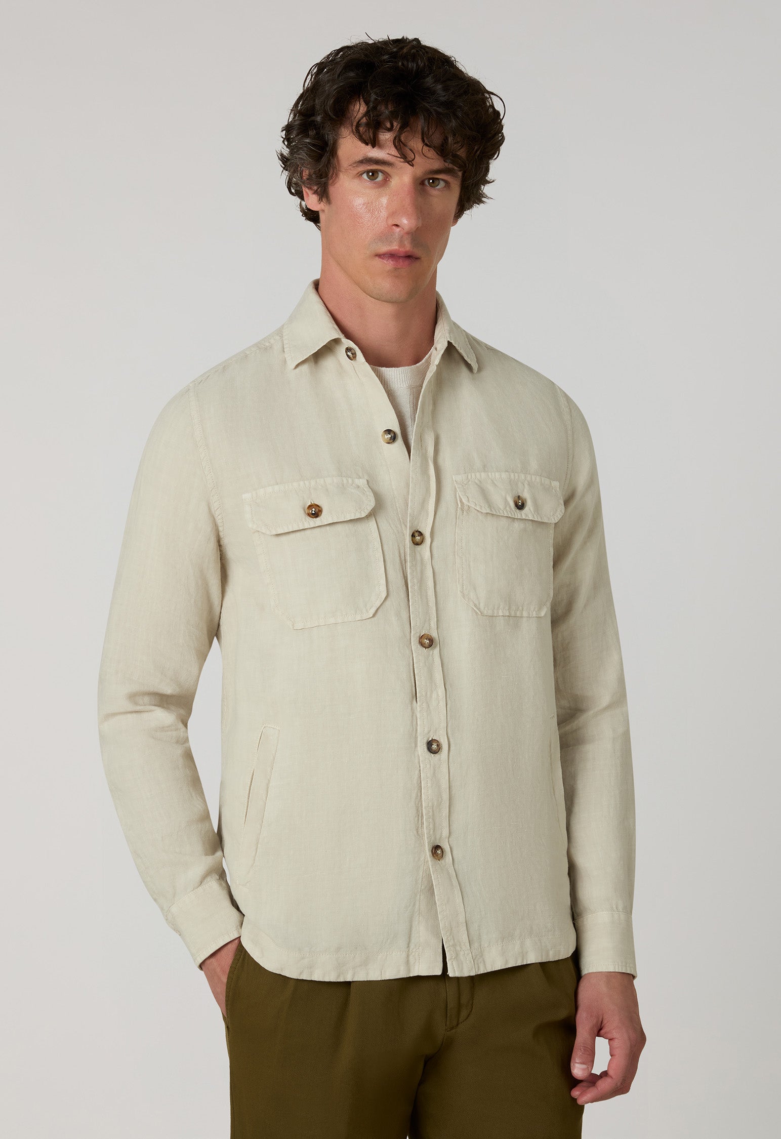 Overshirt in lino tinto in capo beige