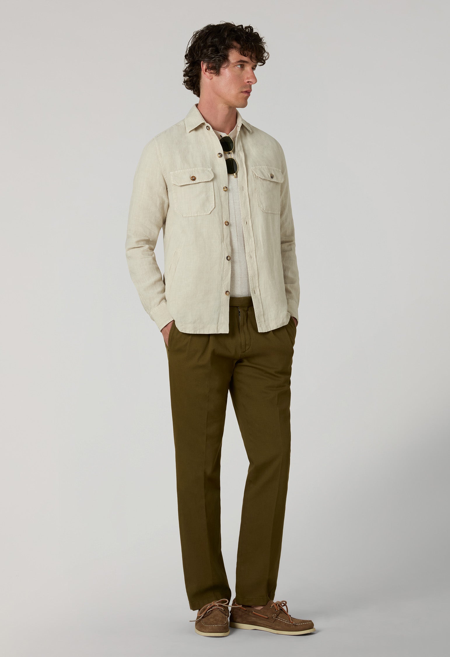 Beige Garment Dyed Linen Overshirt