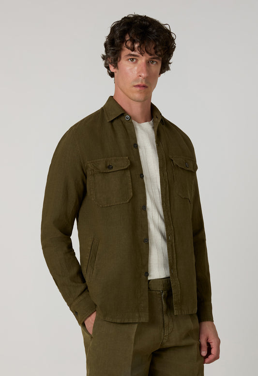 Green Garment Dyed Linen Overshirt