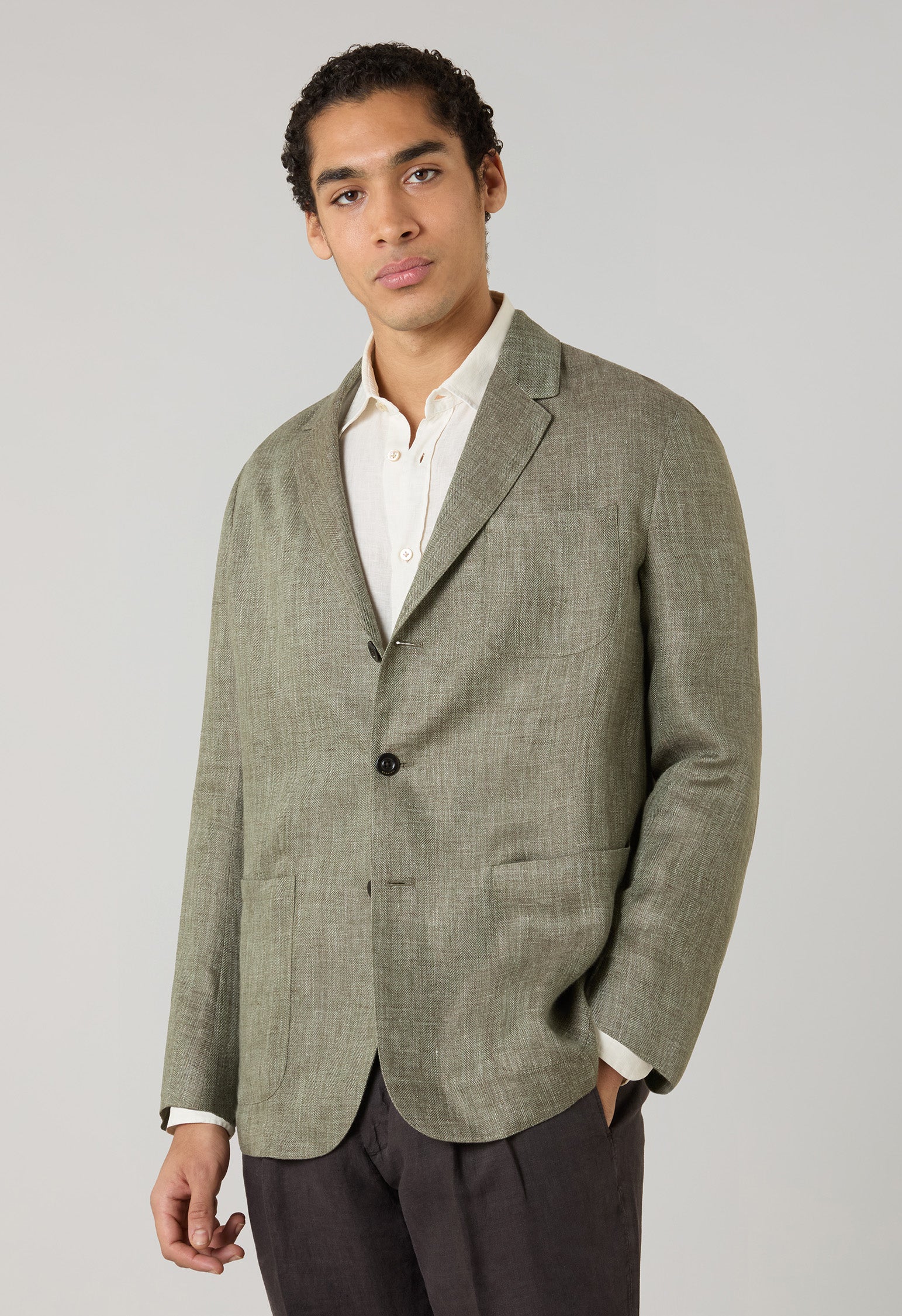Giacca Khaki in lino a spina di pesce verde chiaro