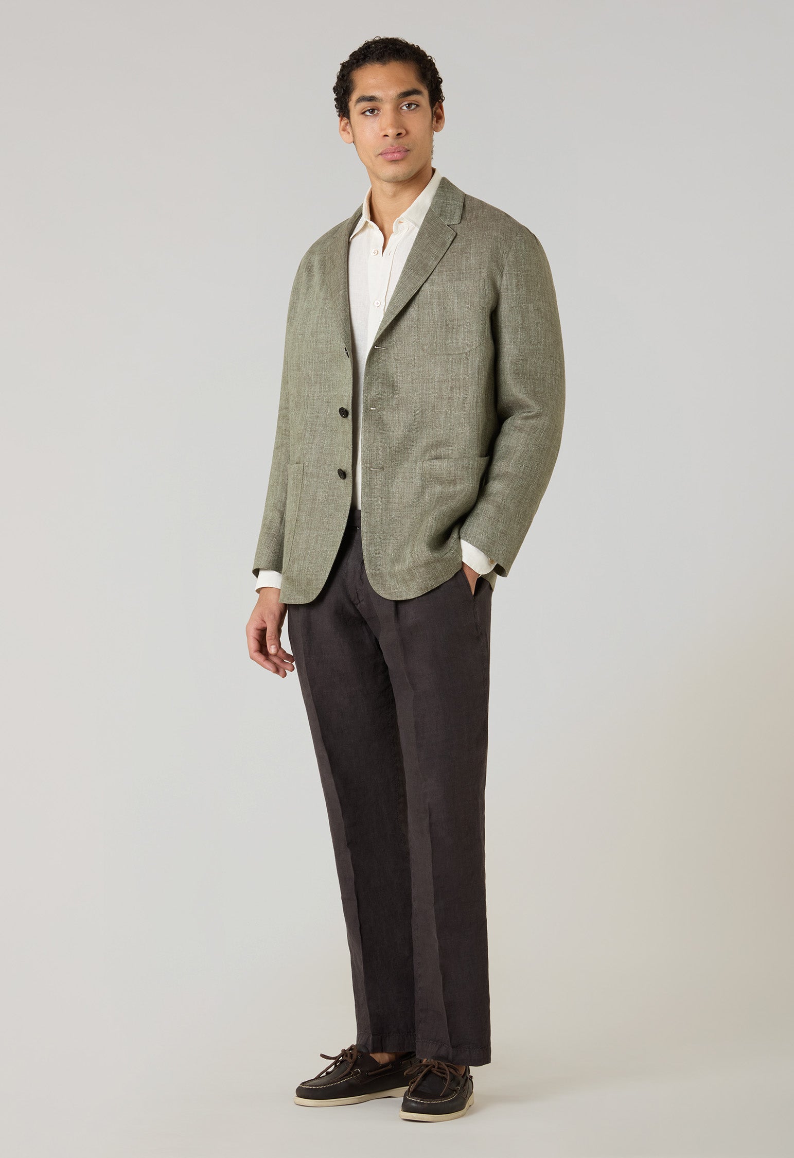 Giacca Khaki in lino a spina di pesce verde chiaro