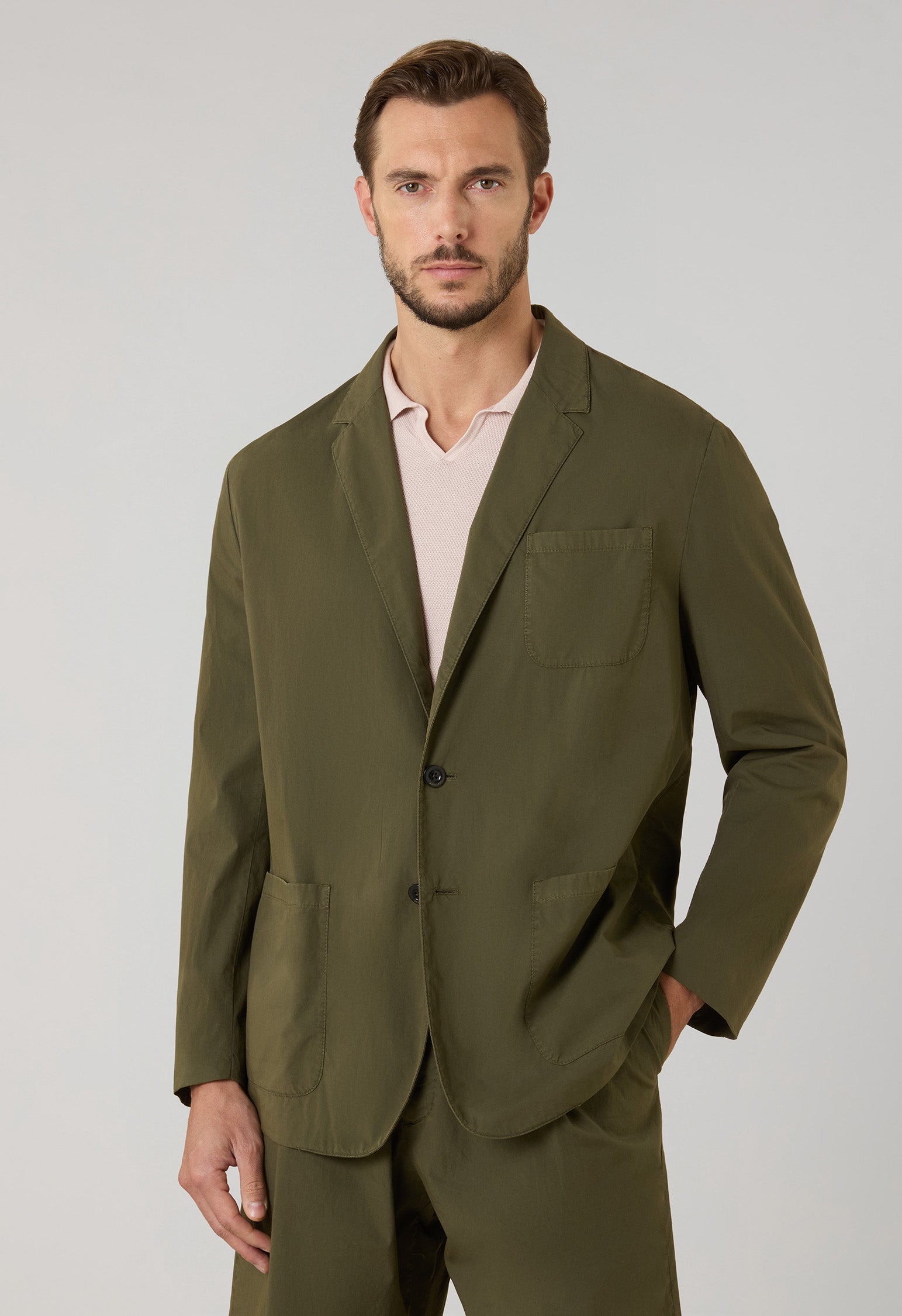 Green Garment Dyed Popeline Papier Khaki Bermuda Suits
