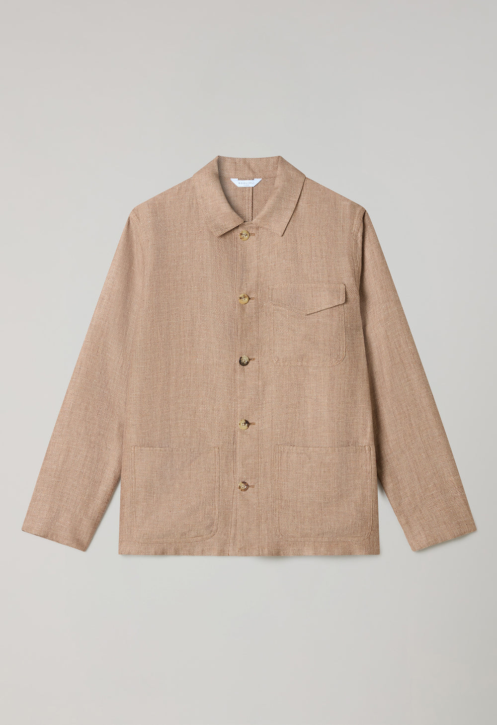 Hellbraune Arbeiterjacke aus Leinen-Wolle mit Fischgrätenmuster