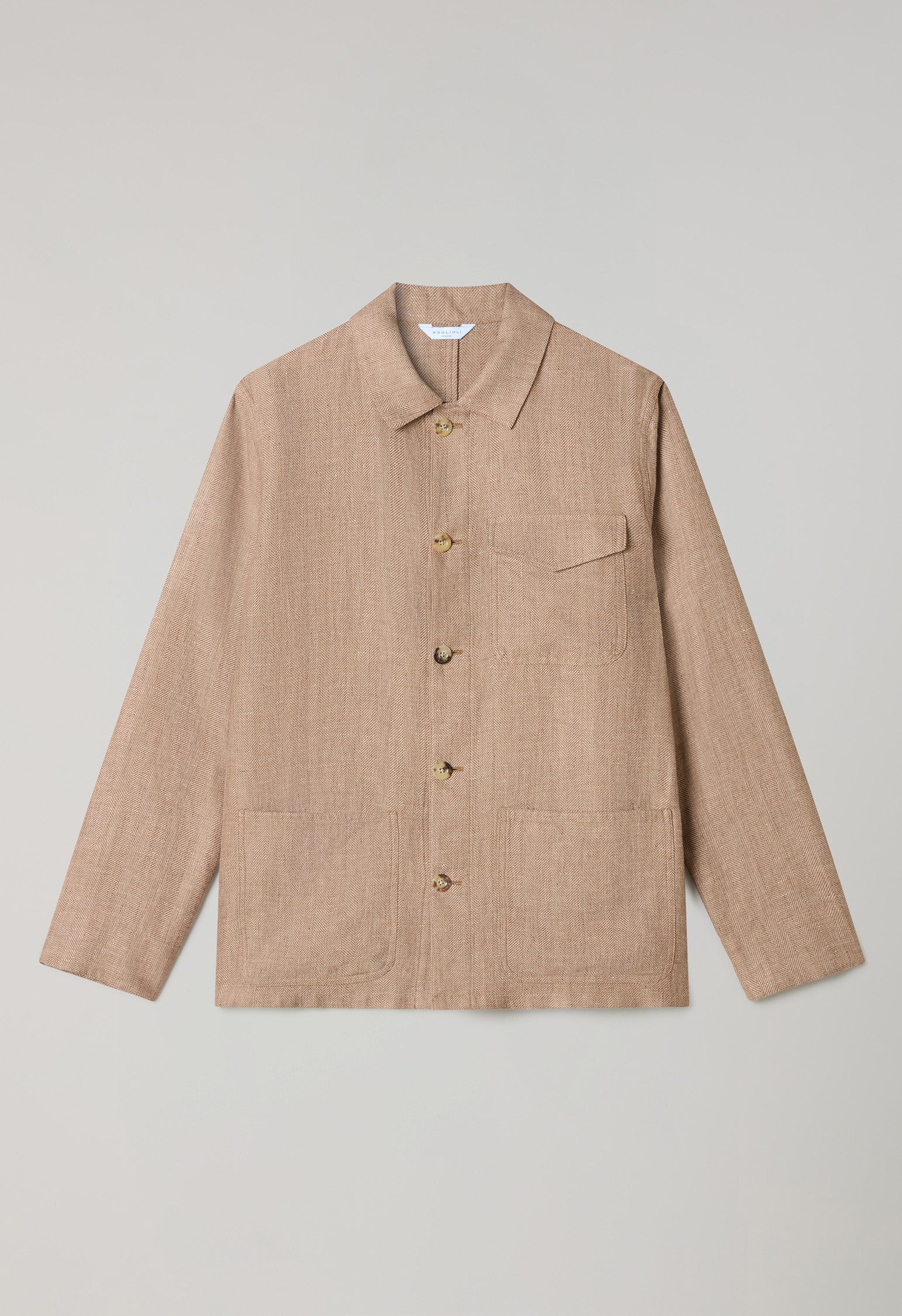 Hellbraune Arbeiterjacke aus Leinen-Wolle mit Fischgrätenmuster