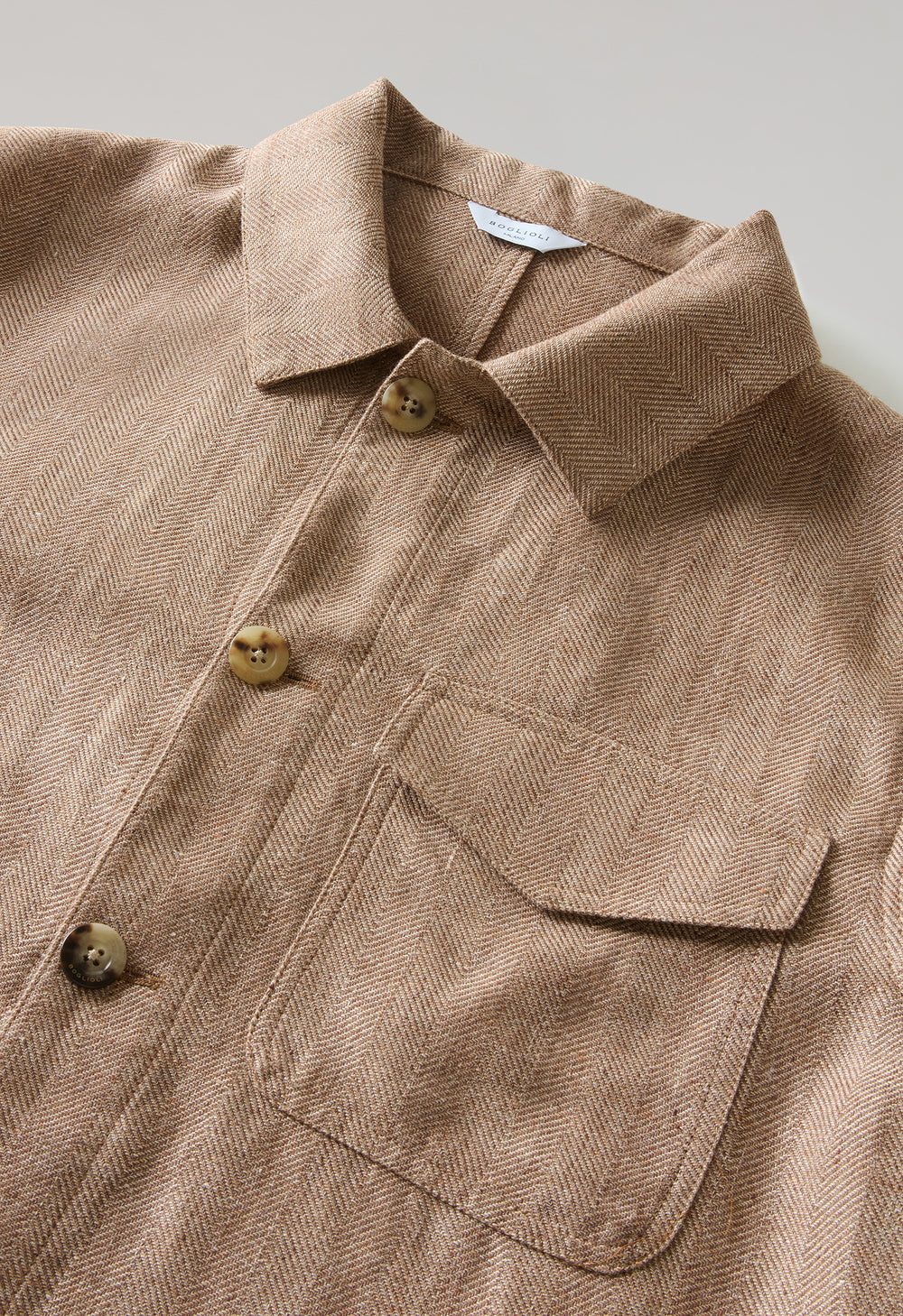 Hellbraune Arbeiterjacke aus Leinen-Wolle mit Fischgrätenmuster