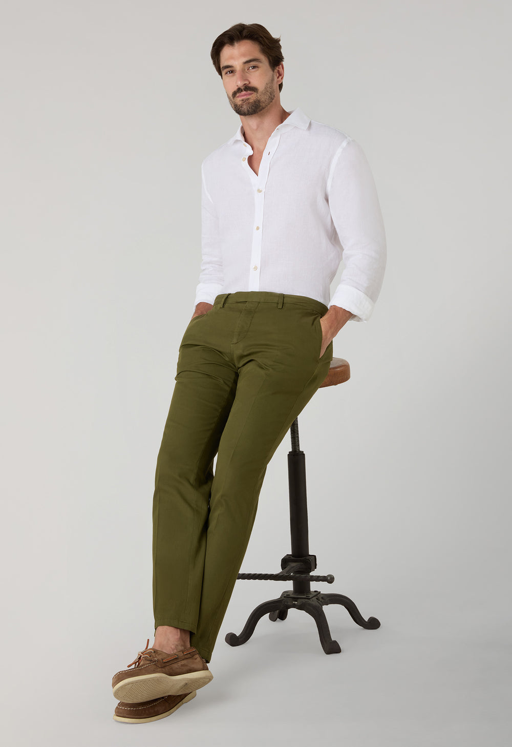 Grüne Stückgefärbte Hose aus Baumwolle mit Mikro-Fischgrätmuster