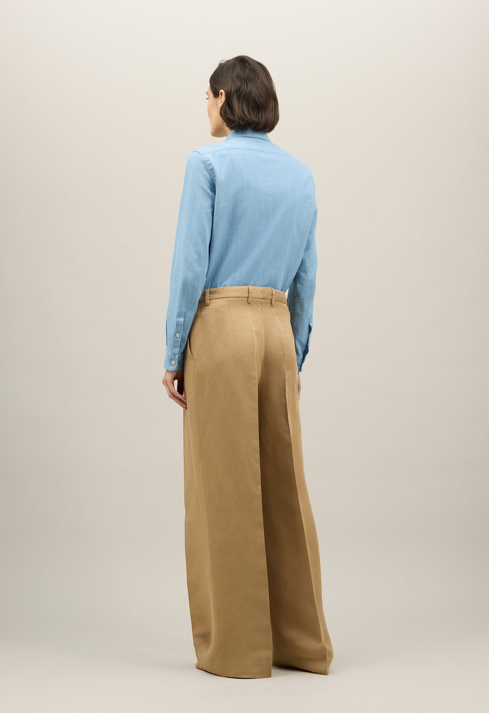 Dunkelbeige Palazzo-Hose aus Leinen-Tencel-Satin