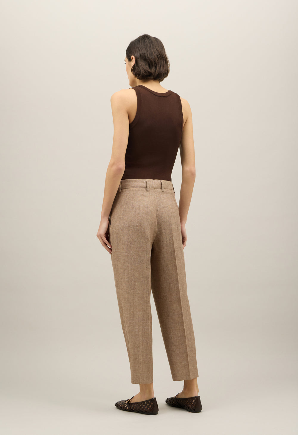 Braune Cropped-Hose aus Leinenmischung mit Fischgrätmuster