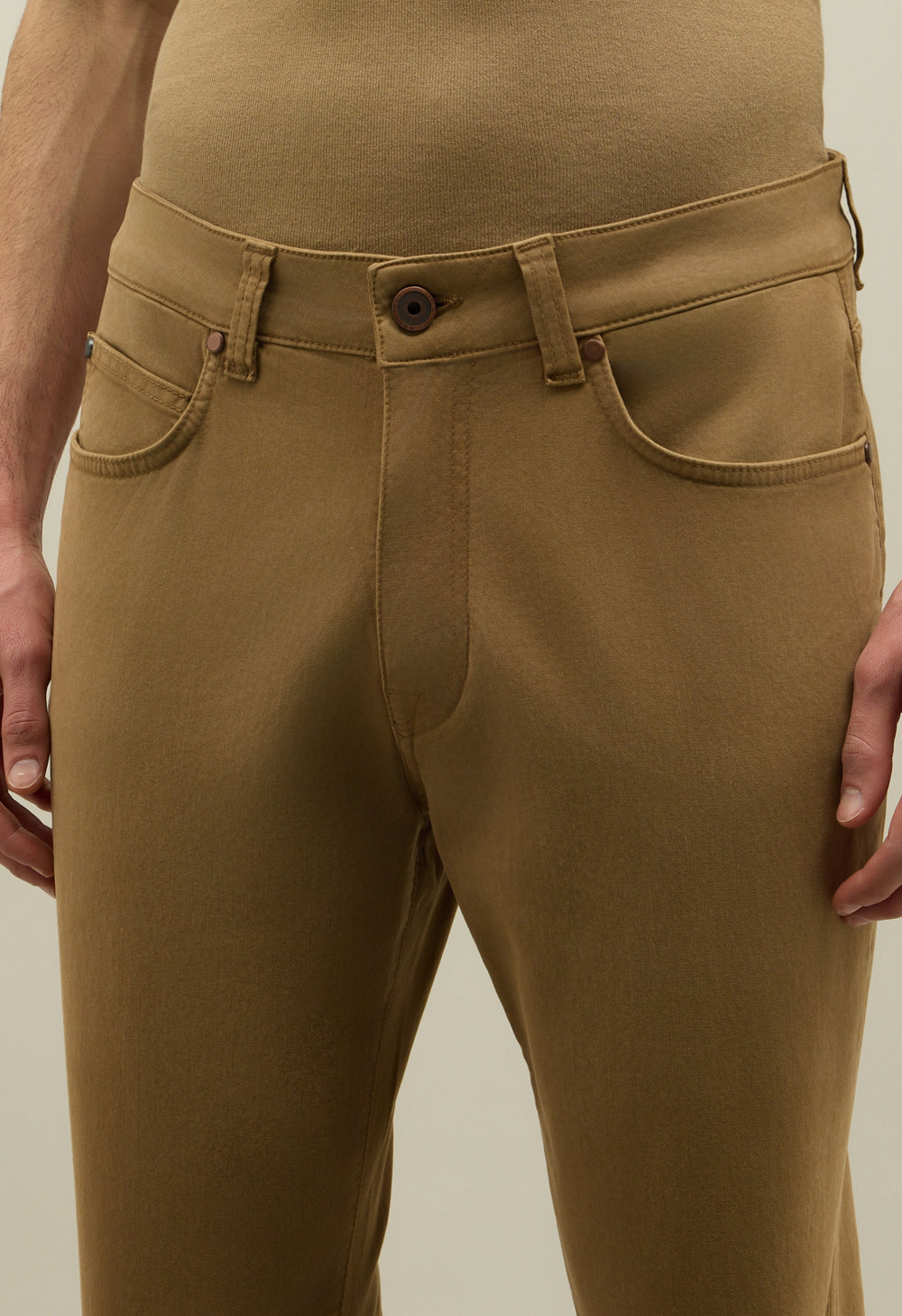 Light Brown Garment Dyed Cotton Silk 5-Pocket Trousers
