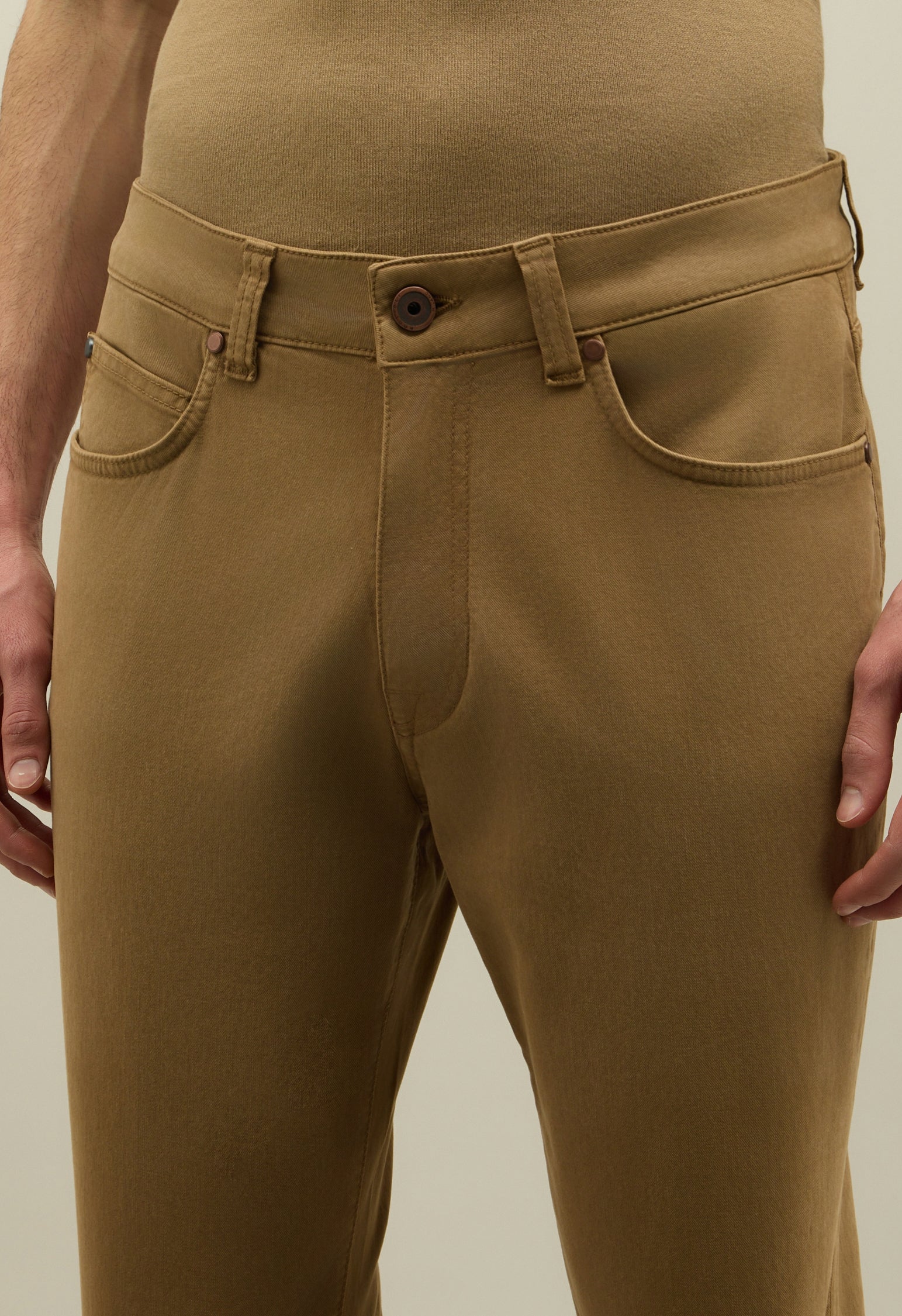 Light Brown Garment Dyed Cotton Silk 5-Pocket Trousers
