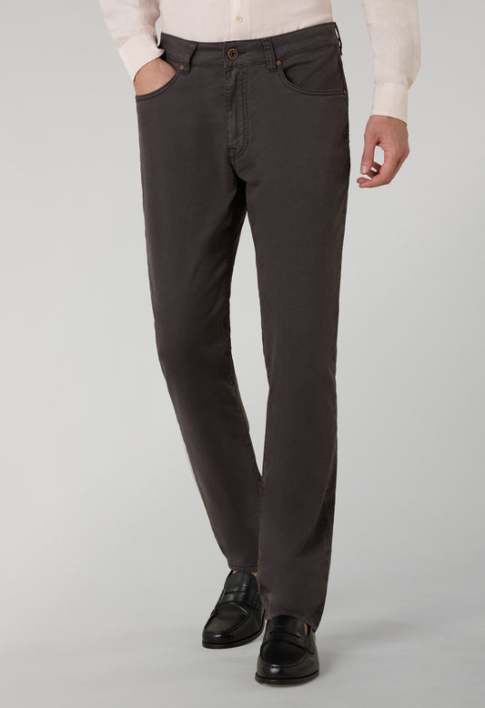 Brown Garment Dyed Cotton Silk 5-Pocket Trousers