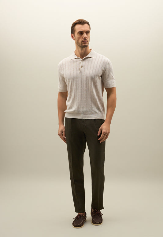 White Flat Rib Linen Short-Sleeve Polo