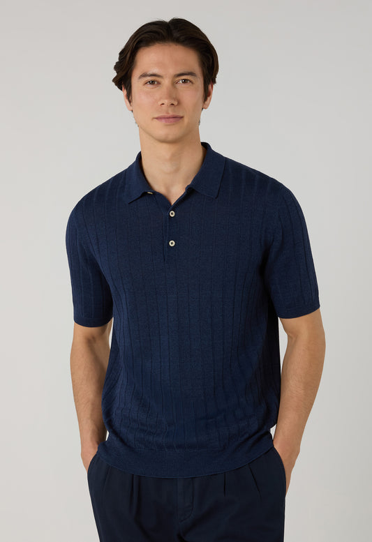 Blue Linen Cotton Flat Rib Short-Sleeve Polo