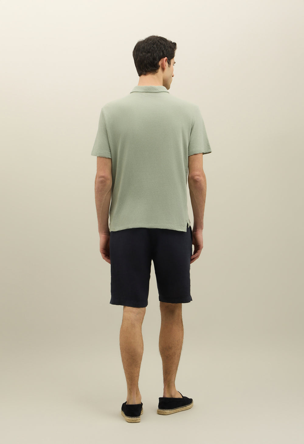Grünes Kurzarm-Poloshirt aus Baumwoll-Leinen-Mischung