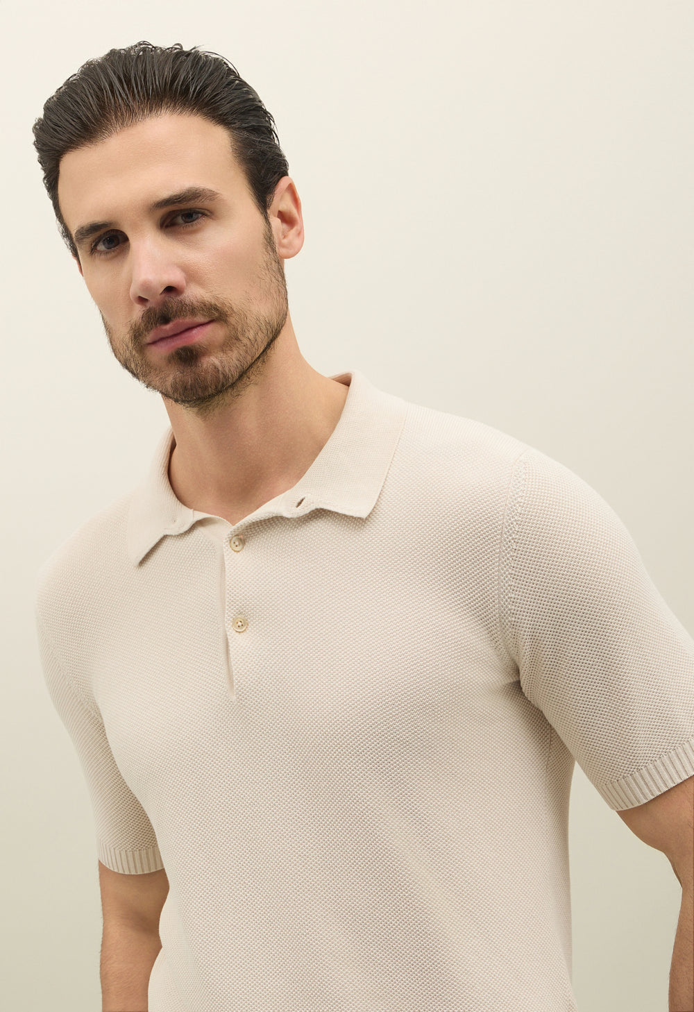 Weißes Kurzarm-Poloshirt aus Baumwolle mit Wabenstruktur