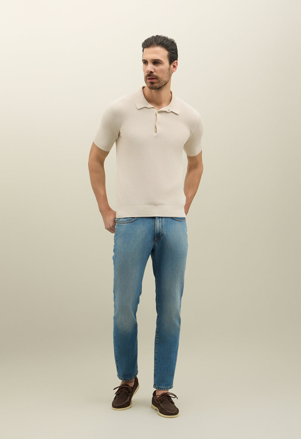 Weißes Kurzarm-Poloshirt aus Baumwolle mit Wabenstruktur