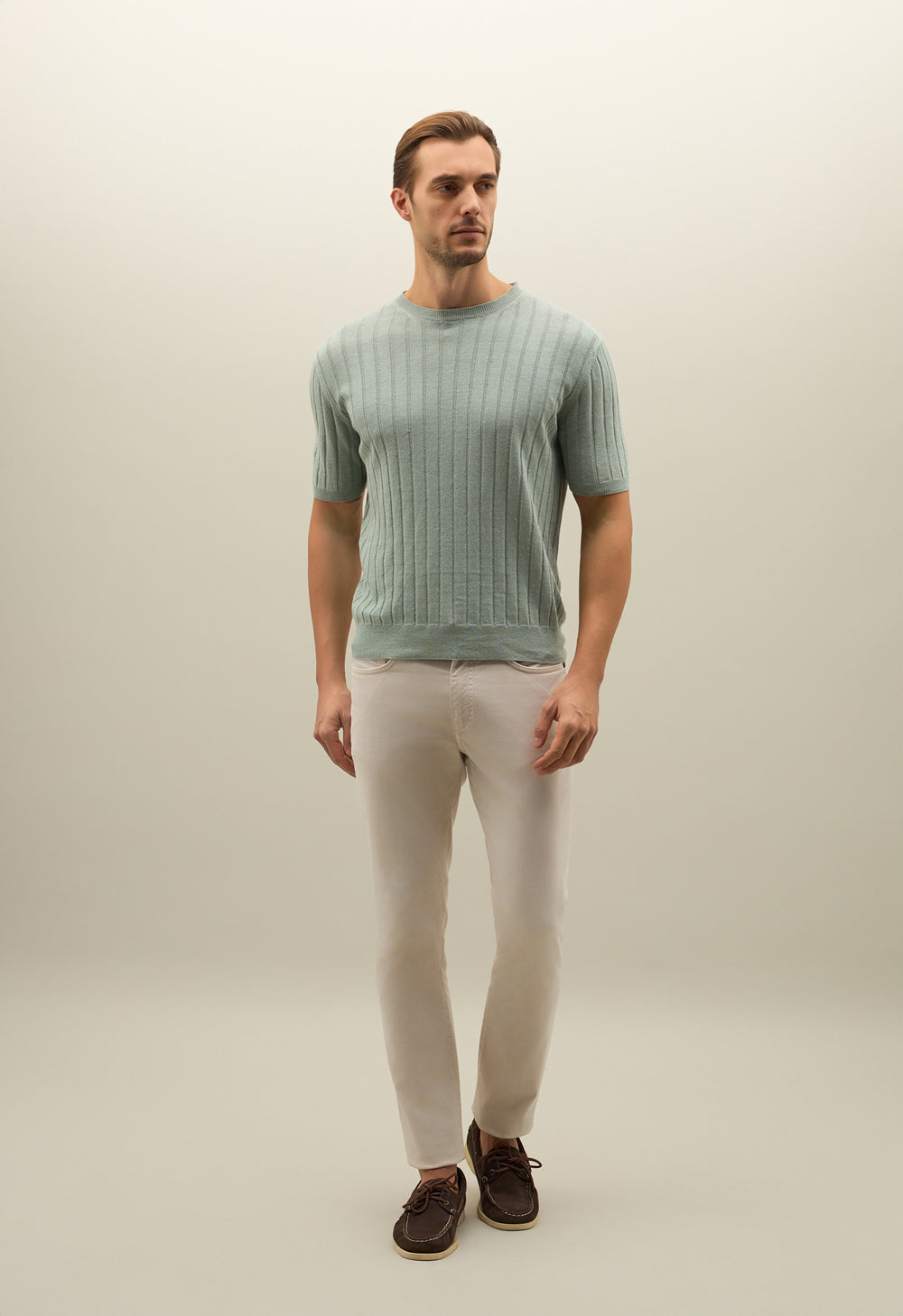 Grünes Flachripp-T-Shirt aus Leinen