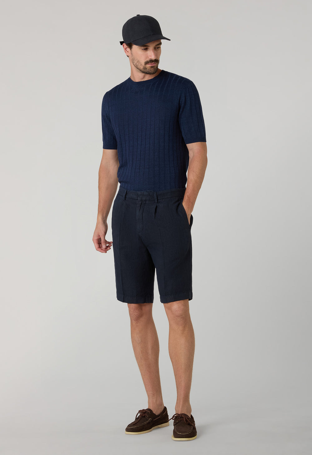 Blaues flach geripptes T-Shirt aus Leinen-Baumwolle