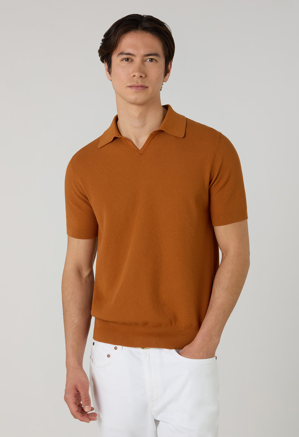 Orangefarbenes stückgefärbtes Kurzarm-Poloshirt aus Baumwoll-Pikee