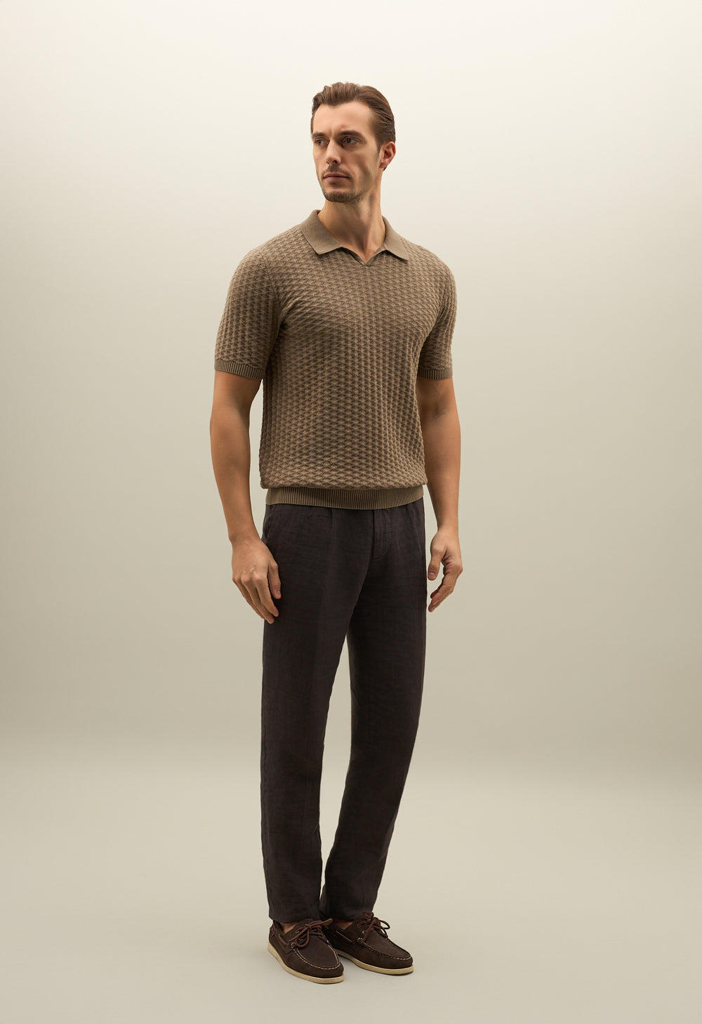 Khaki Kurzarm-Poloshirt aus Jacquard-Baumwolle