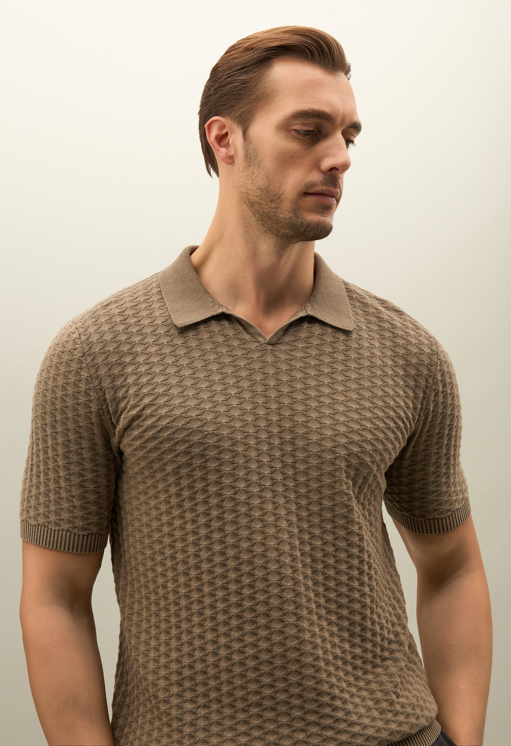 Khaki Kurzarm-Poloshirt aus Jacquard-Baumwolle