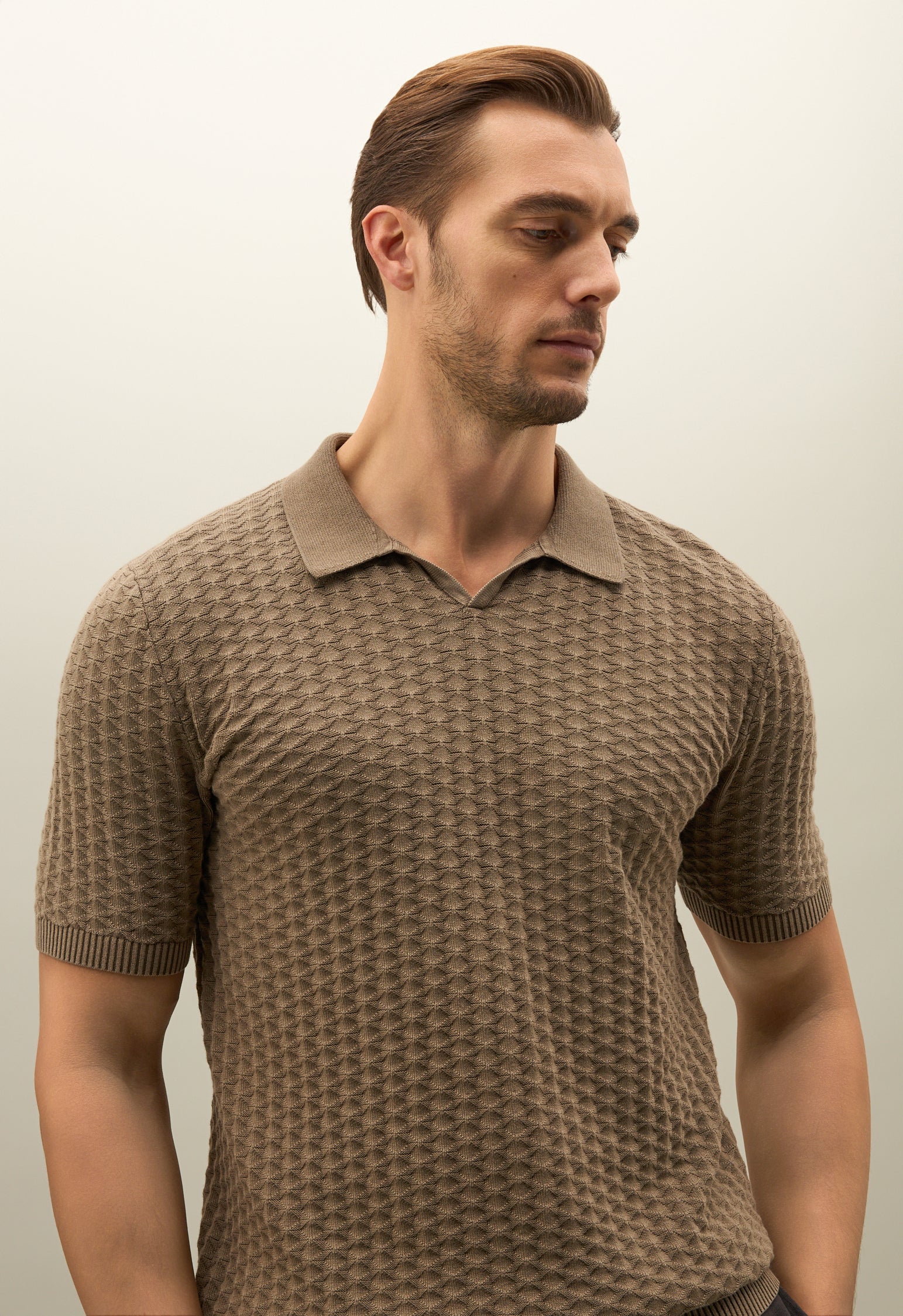 Khaki Kurzarm-Poloshirt aus Jacquard-Baumwolle