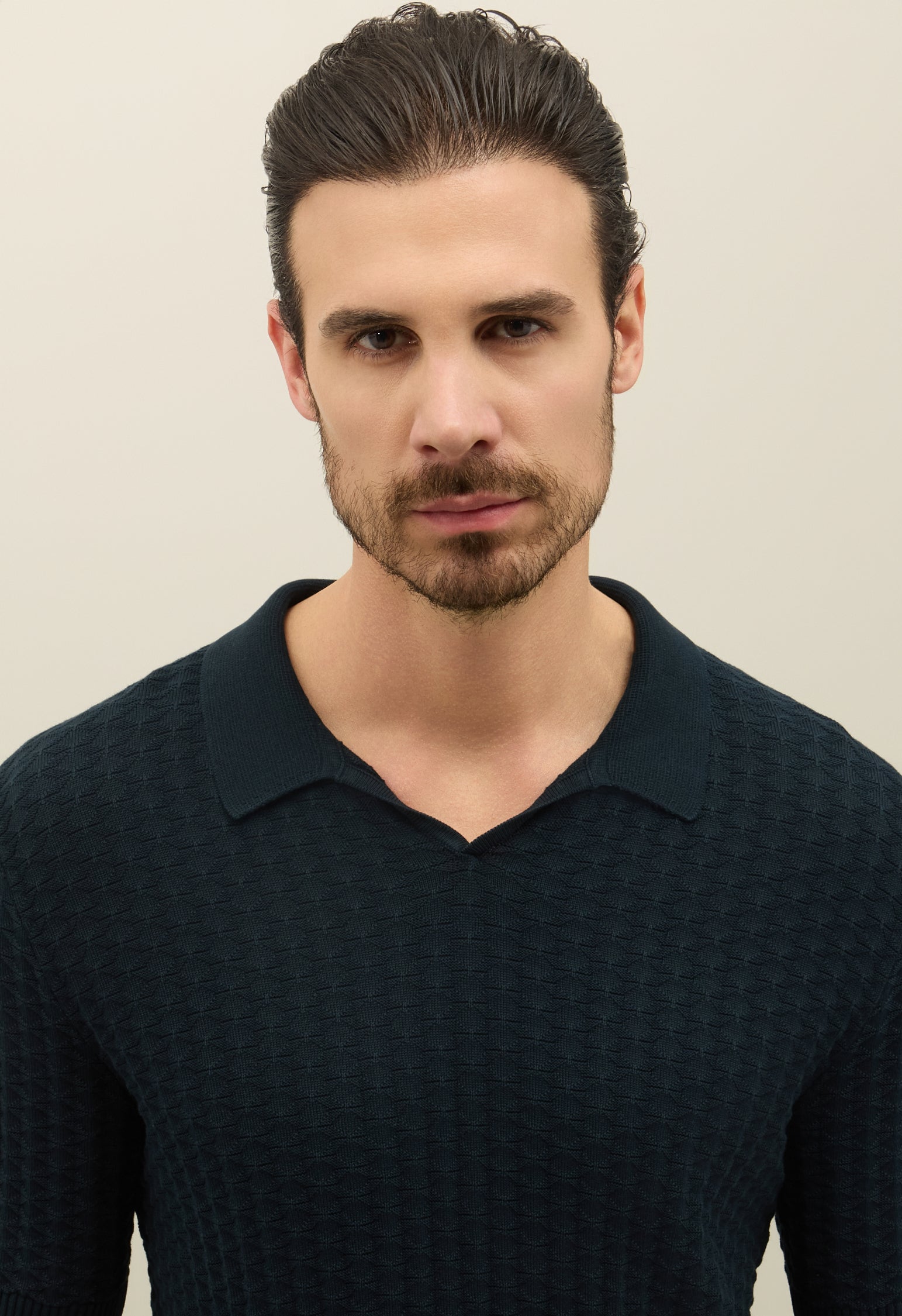 Blaues Kurzarm-Poloshirt aus Jacquard-Baumwolle