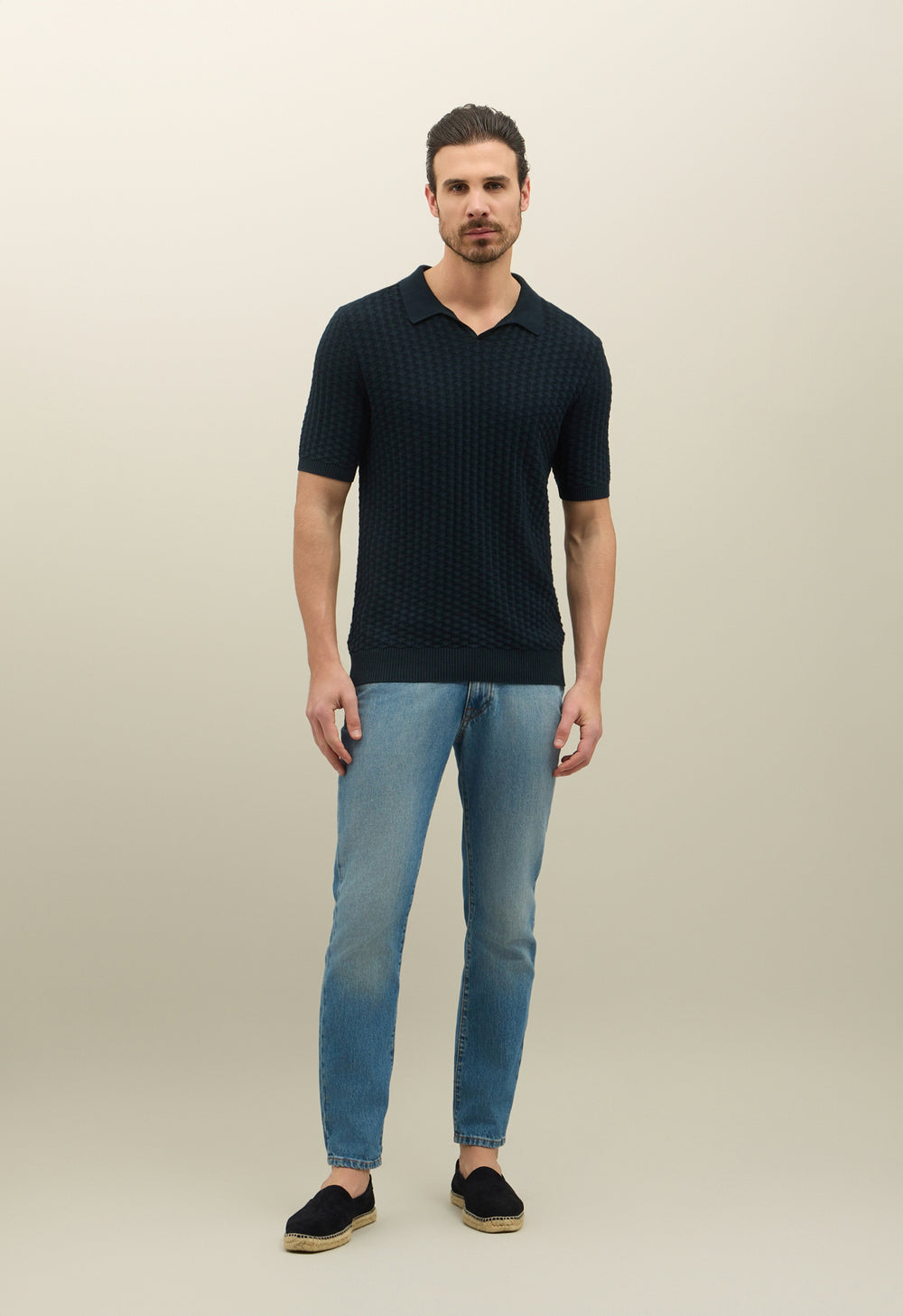 Blaues Kurzarm-Poloshirt aus Jacquard-Baumwolle