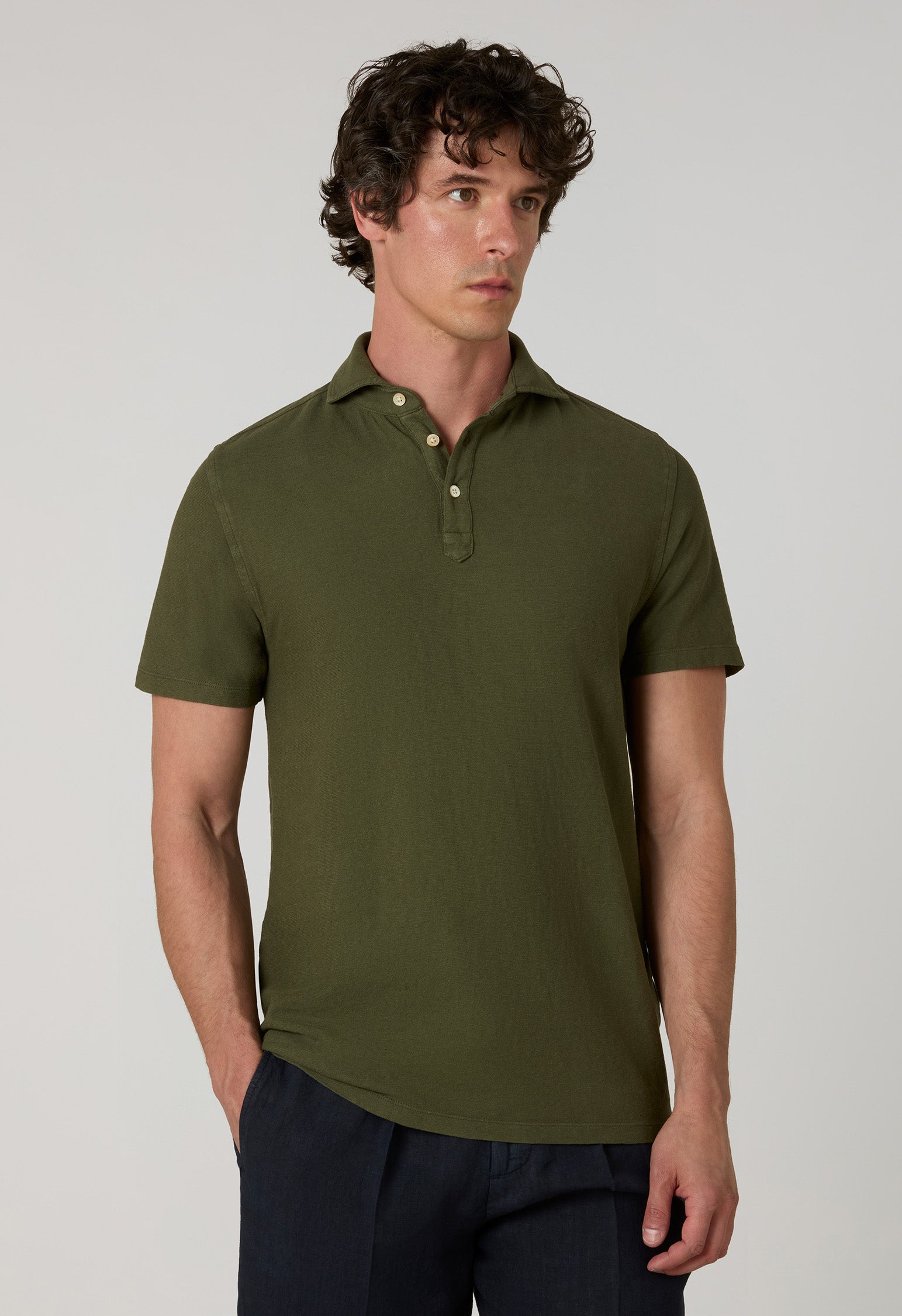 Polo a maniche corte in cotone e lino khaki scuro