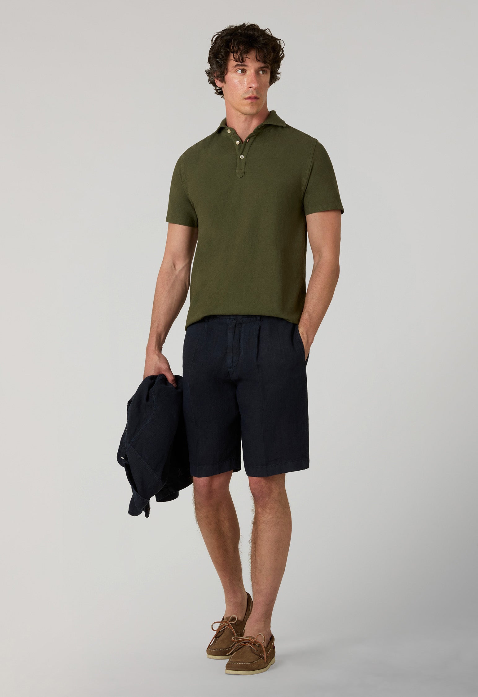 Dunkelkhaki-Kurzarm-Poloshirt aus Baumwolle-Leinen