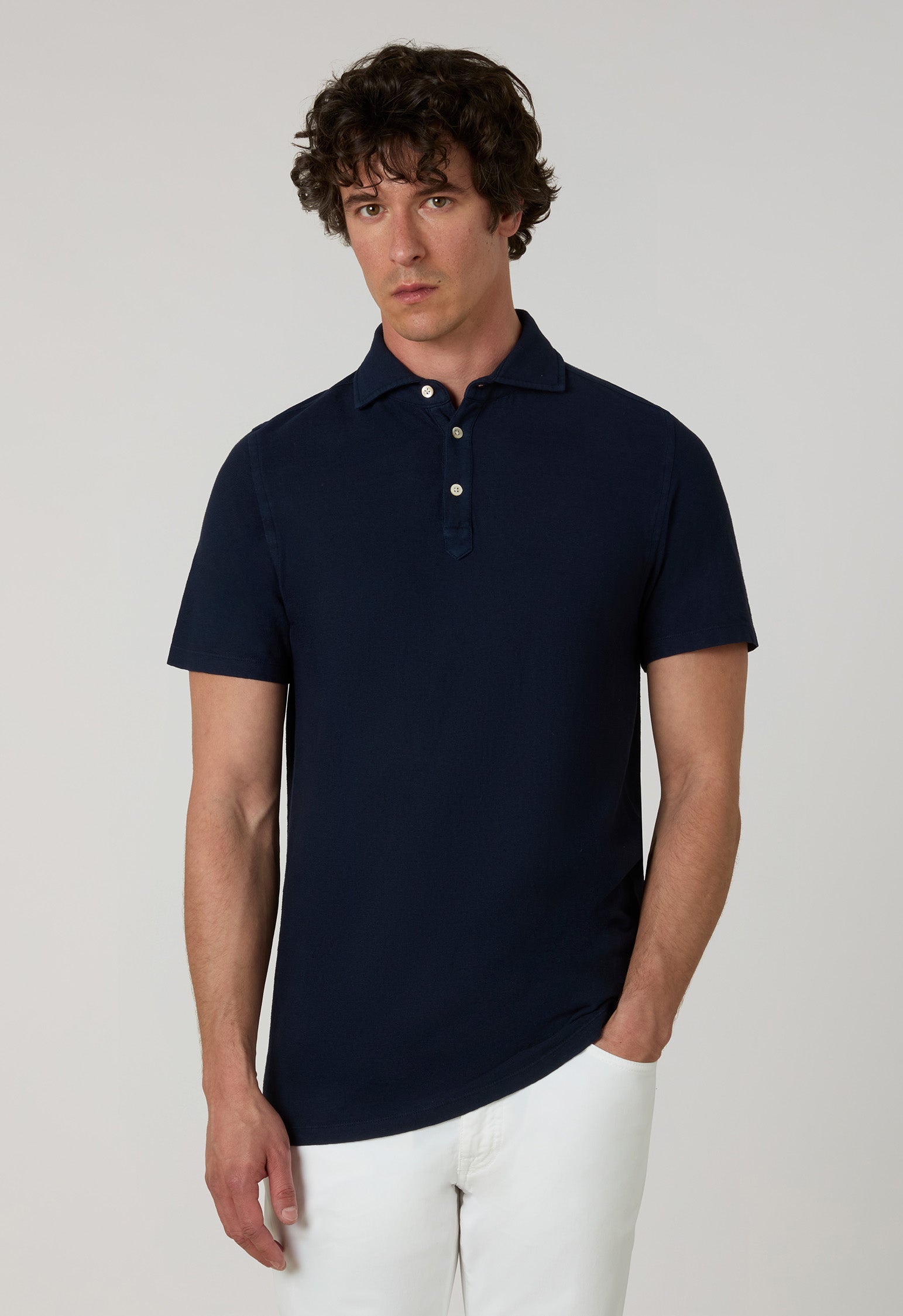 Polo a maniche corte in cotone e lino blu