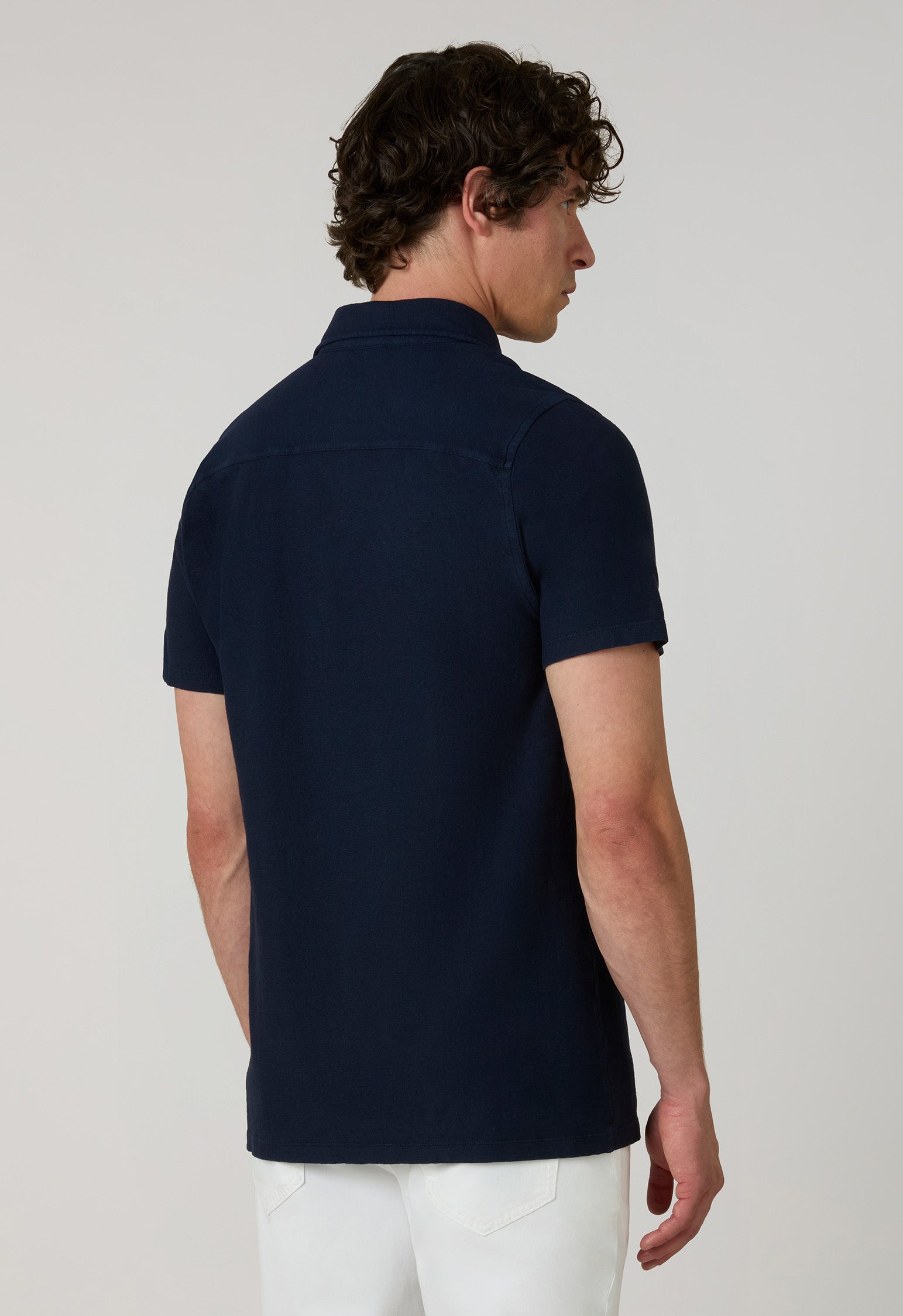Polo a maniche corte in cotone e lino blu