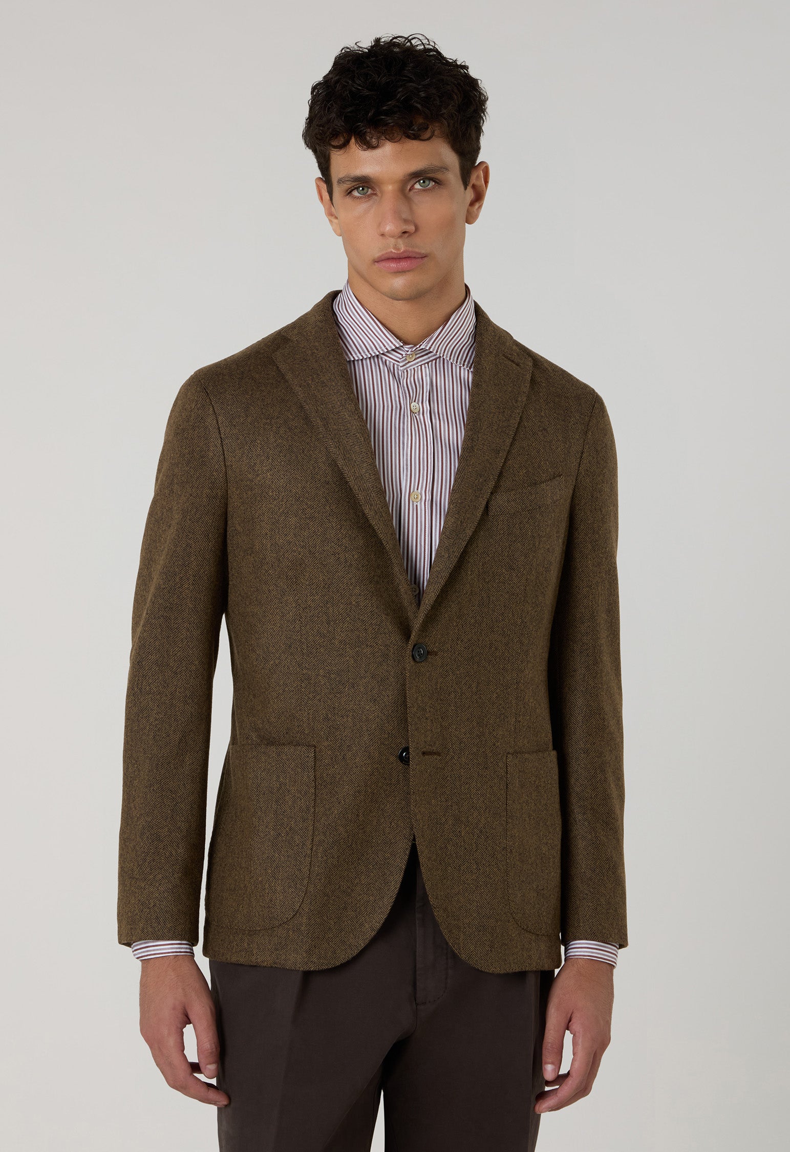 K-Jacket in lana tinta in capo a spina di pesce marrone