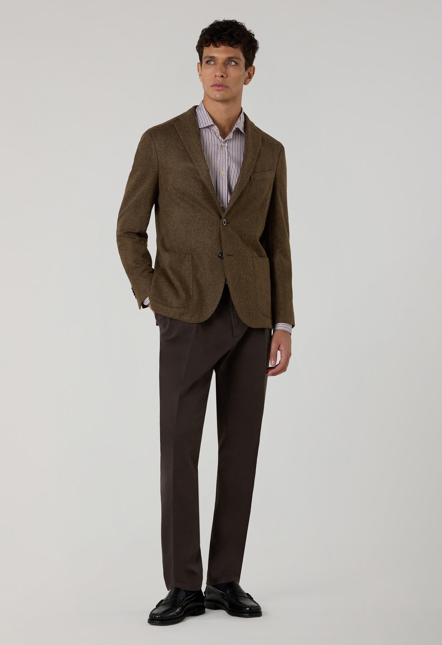 Brown Garment Dyed Wool Herringbone K-Jacket