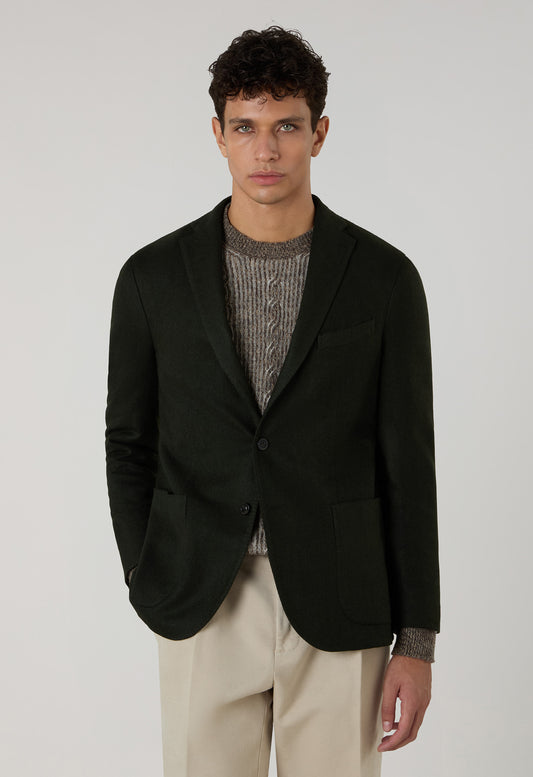 Dark Green Garment Dyed Wool Herringbone K-Jacket