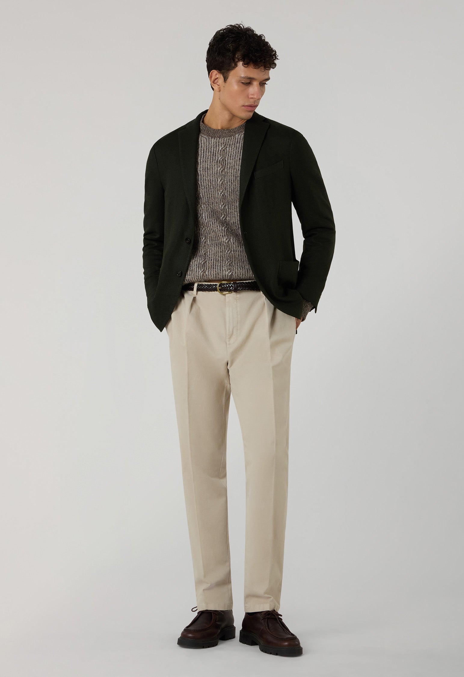 Dark Green Garment Dyed Wool Herringbone K-Jacket