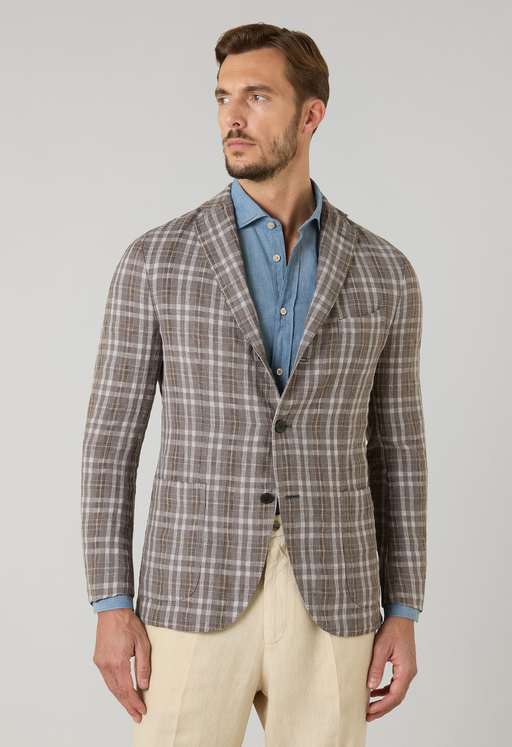 Braune gemusterte Tartan-K-Jacket Wolle-Leinen-Seide