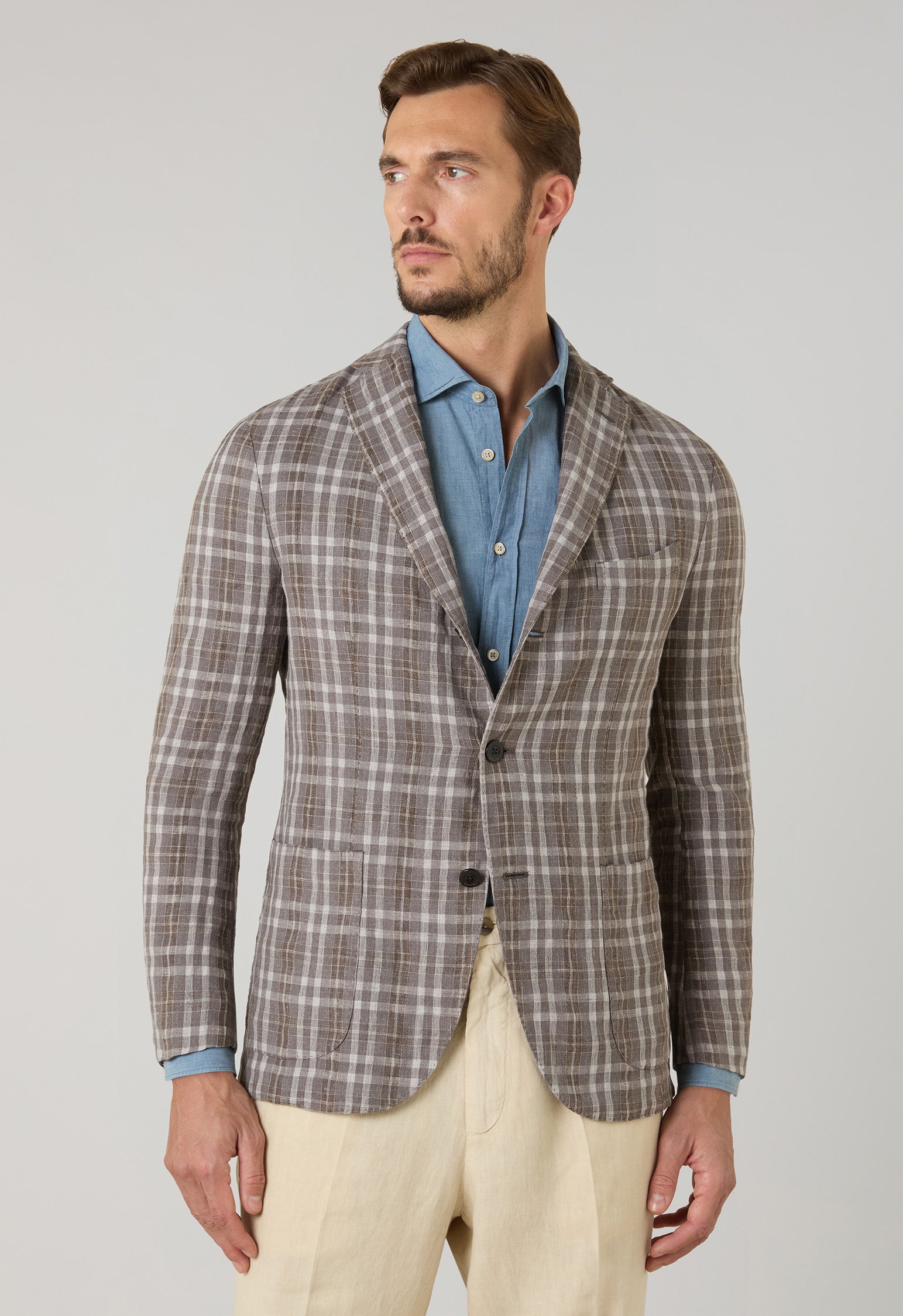Braune gemusterte Tartan-K-Jacket Wolle-Leinen-Seide