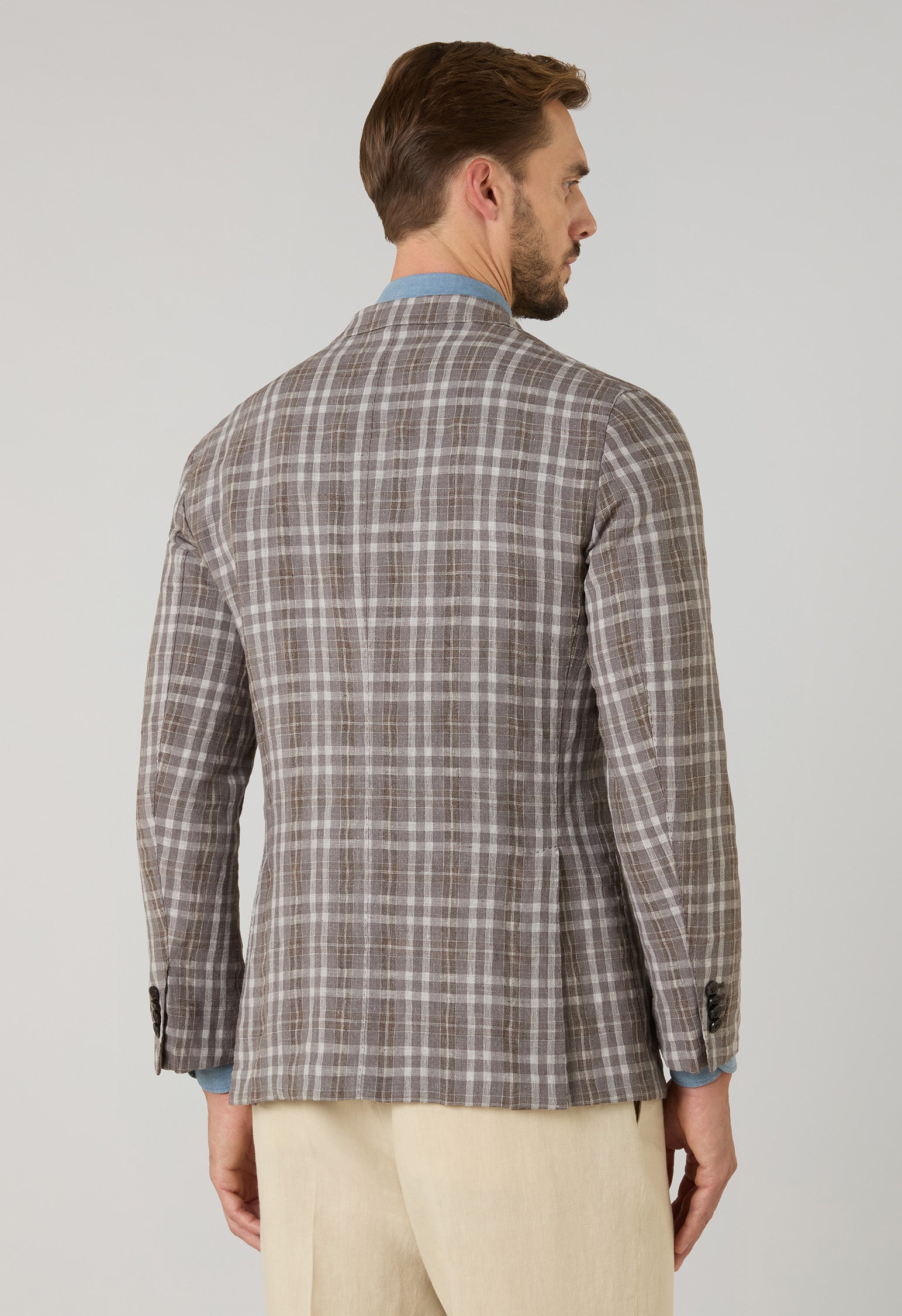 Braune gemusterte Tartan-K-Jacket Wolle-Leinen-Seide
