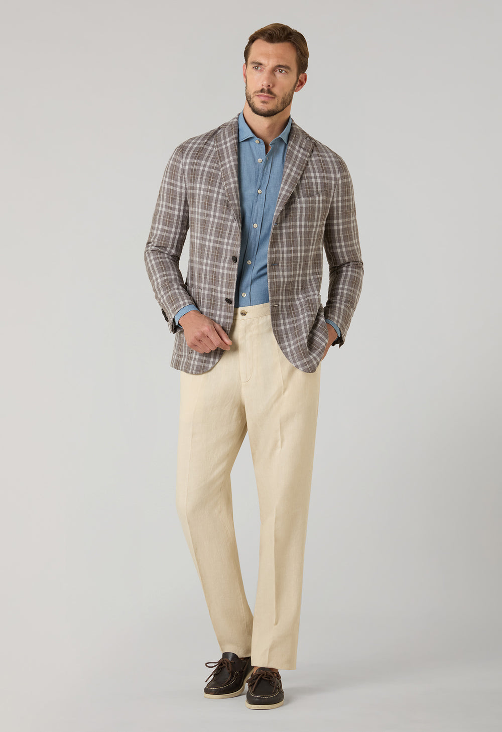 Braune gemusterte Tartan-K-Jacket Wolle-Leinen-Seide