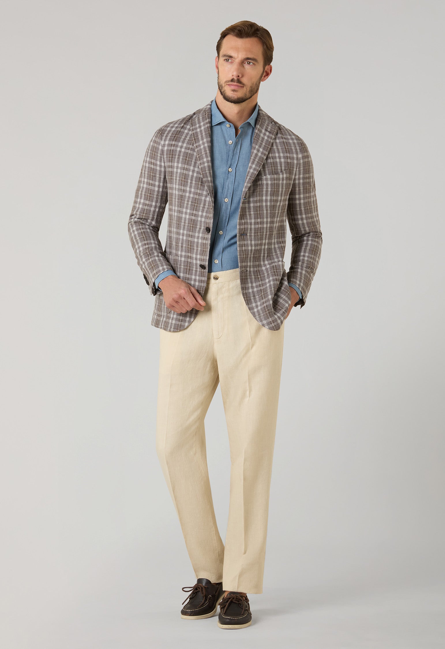 Braune gemusterte Tartan-K-Jacket Wolle-Leinen-Seide