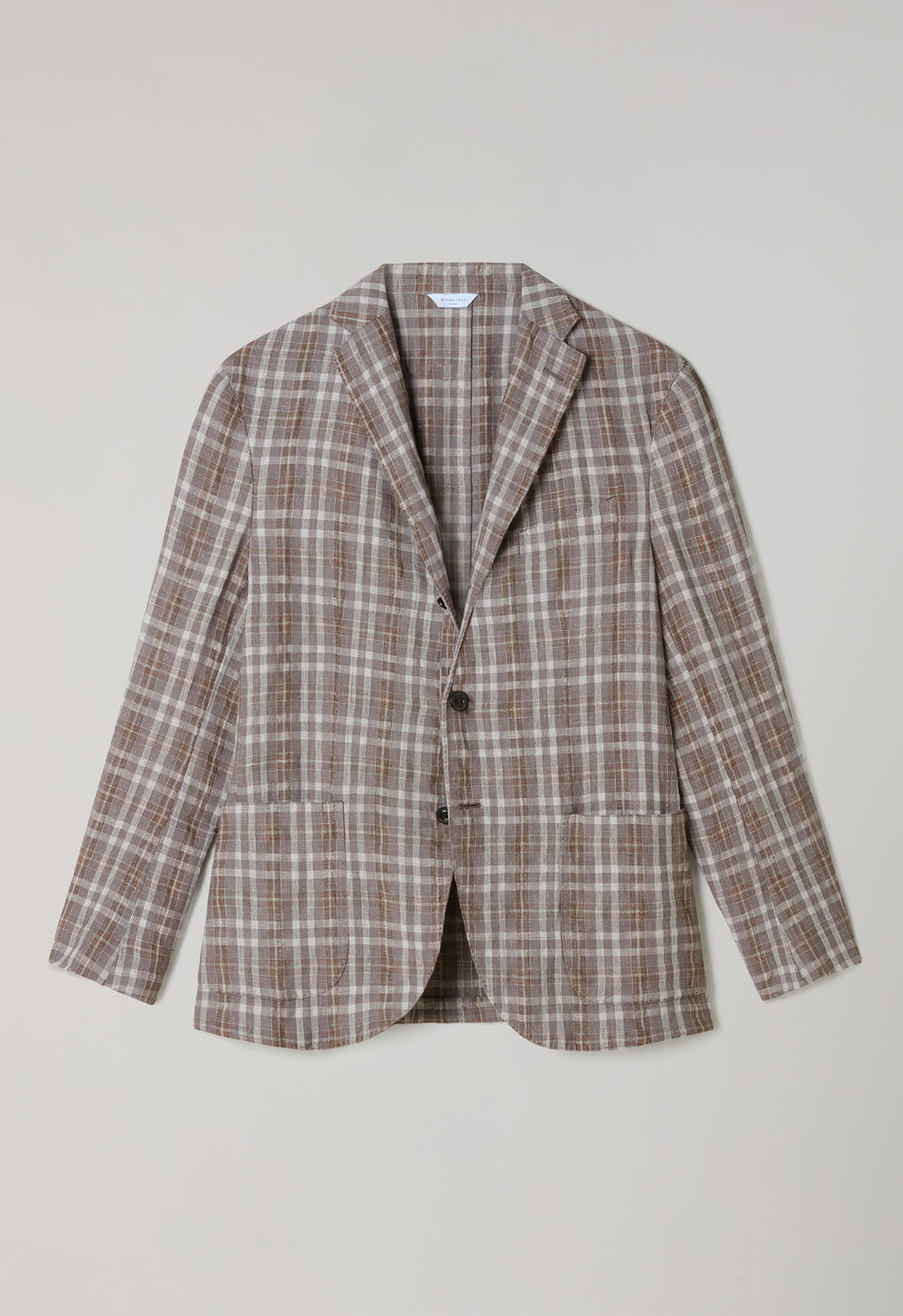Braune gemusterte Tartan-K-Jacket Wolle-Leinen-Seide