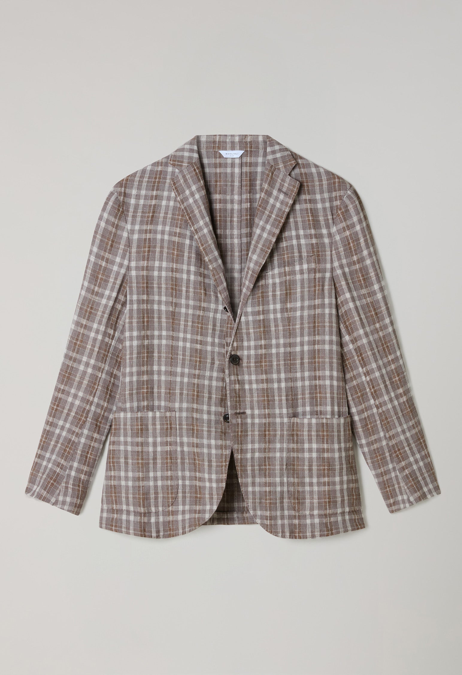 Braune gemusterte Tartan-K-Jacket Wolle-Leinen-Seide
