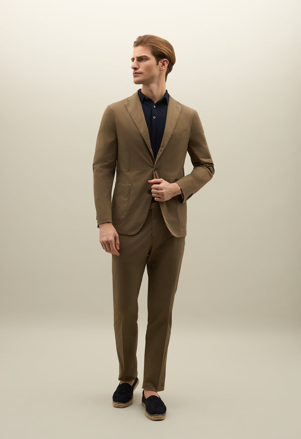 Brown Garment Dyed Cotton K-Suit with Three-Button Closure