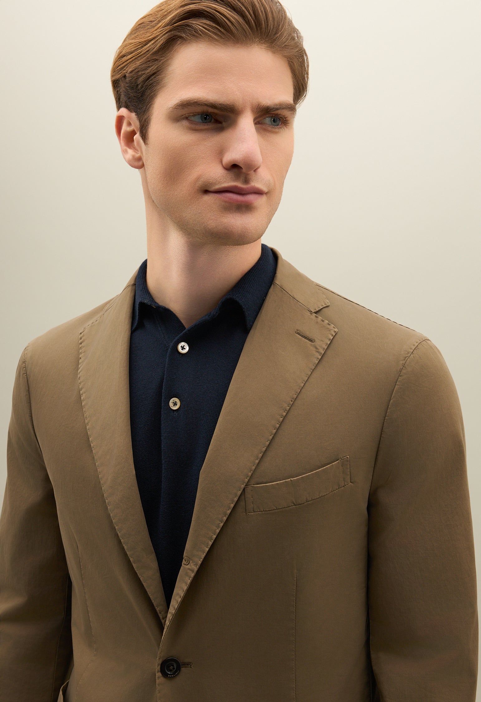 Brown Garment Dyed Cotton K-Suit with Three-Button Closure