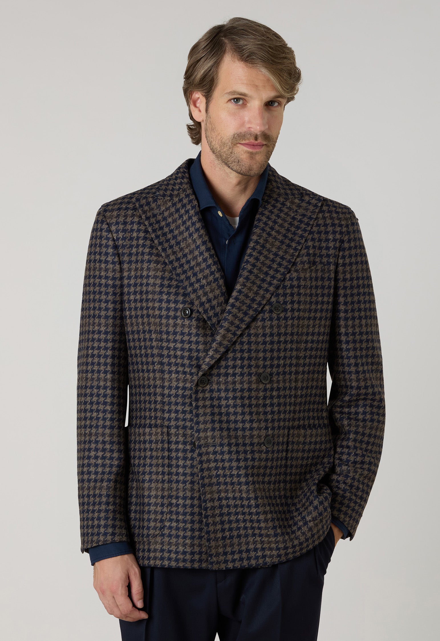 K-Jacket doppiopetto in lana e cashmere pied-de-poule marrone