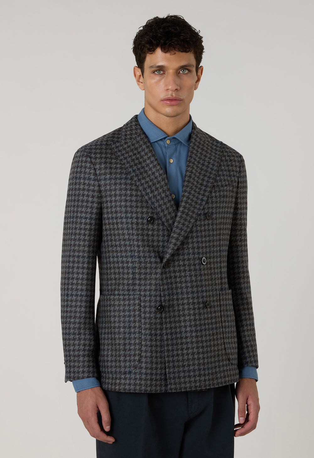 Grey Wool Cashmere Pied-de-poule double-breasted K-Jacket