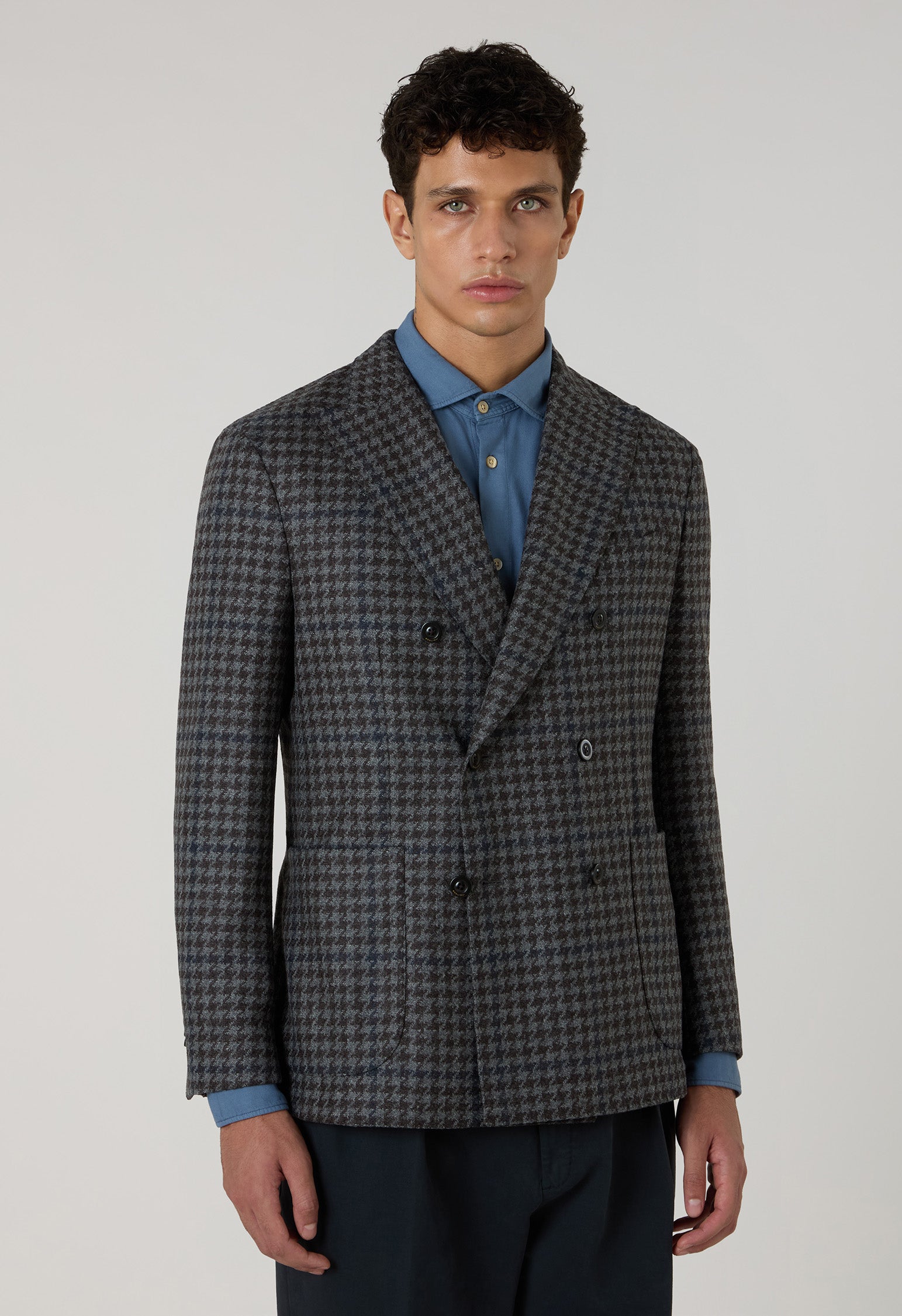 Grey Wool Cashmere Pied-de-poule double-breasted K-Jacket